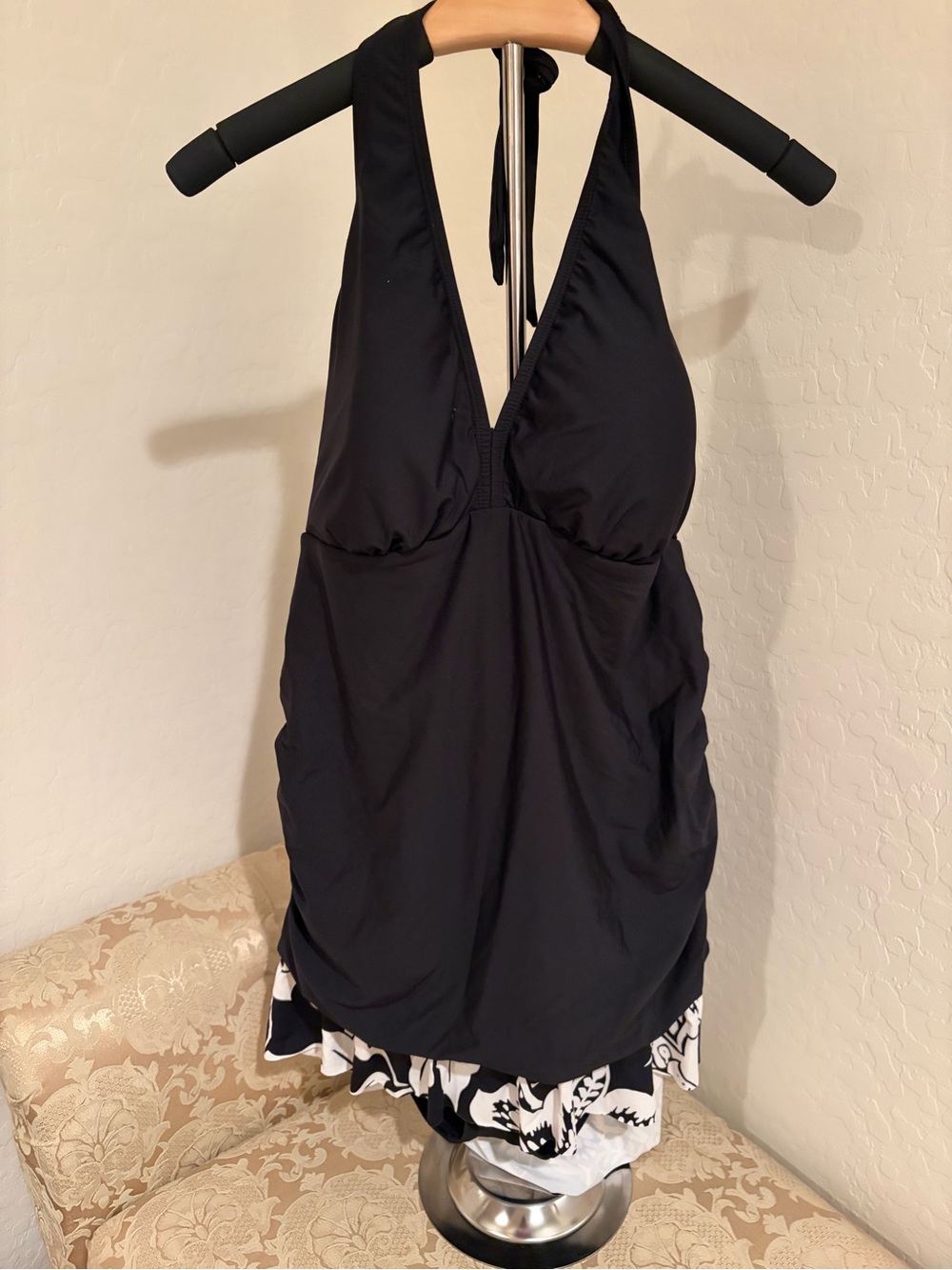 Apt. 9 Black Halter One-Piece Swimdress with Printed Skirt